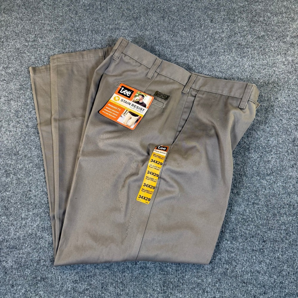 Lee Mens Stain Resist Relaxed Fit Flat Front Pants Khaki 34x29 4182315
